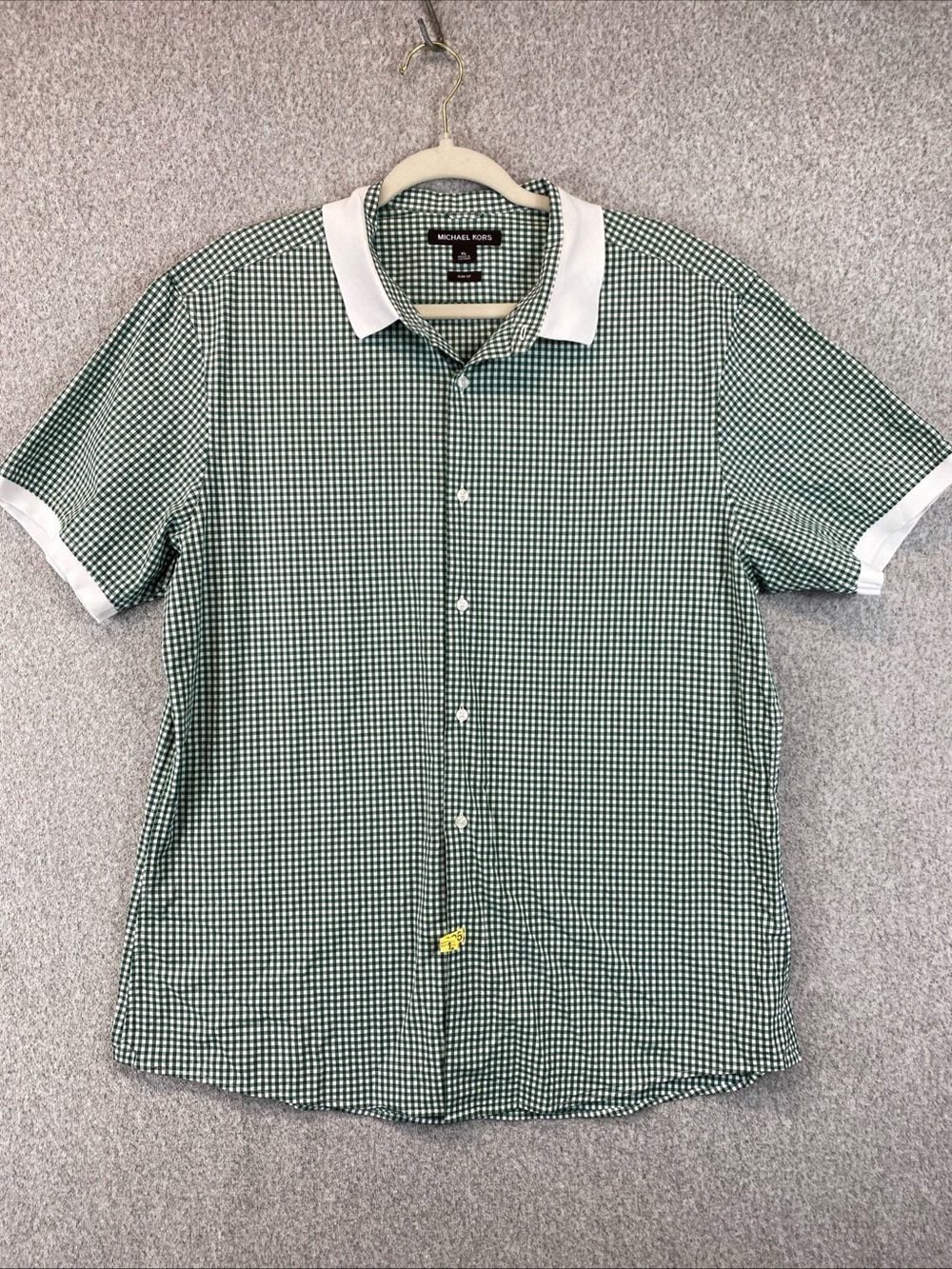 Michael Kors Mens XL Button Shirt Slim Fit Short Sleeve Green Gingham Check Golf